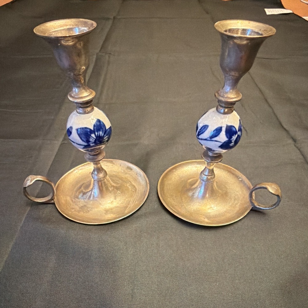 International Silver Pair Silverplate Chambersticks Blue Floral Ceramic